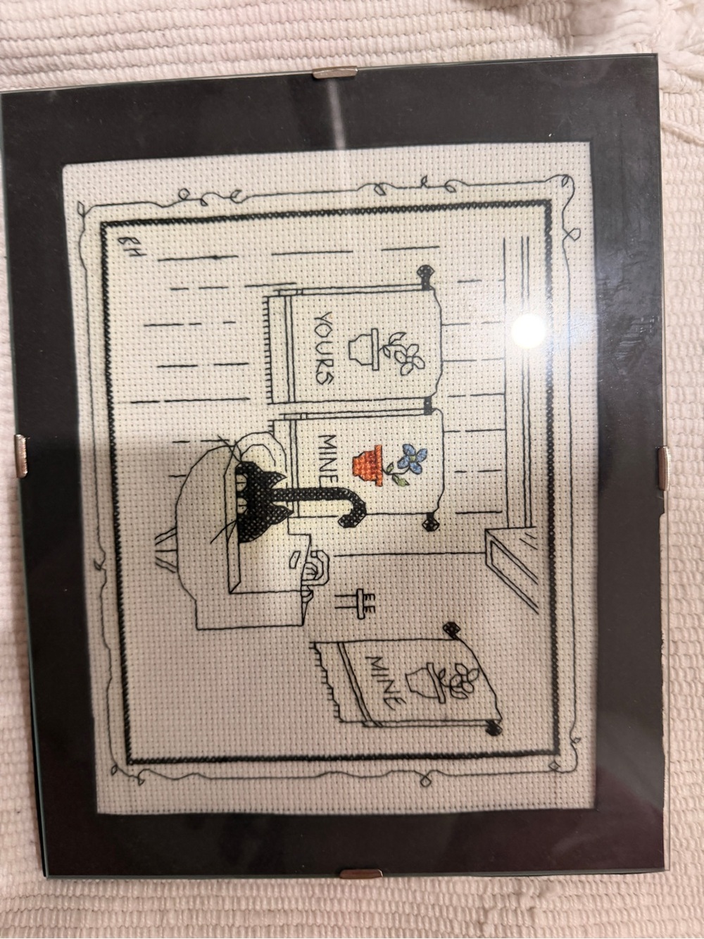 Vintage Framed Black & White Cat Cross-Stitch with Color Accents